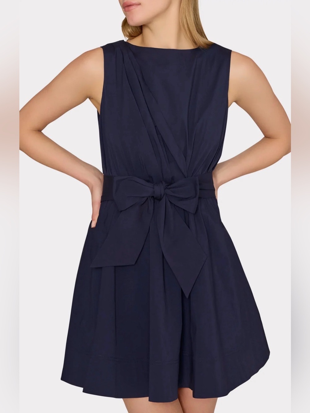 Milly Draped Poplin Navy Blue 12 Dress Sleeveless Bow Belt Pockets Mini NWT $395